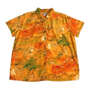 Vintage Big Dogs Top Womens M Orange Button Short Sleeve Hawaiian Streetwear 90s